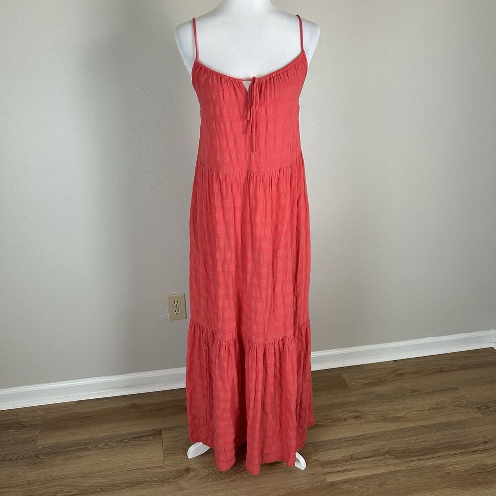 Old Navy S Tie Swing Dress Red Maxi Tiered Tank Sleeveless Chic Vacation Summer